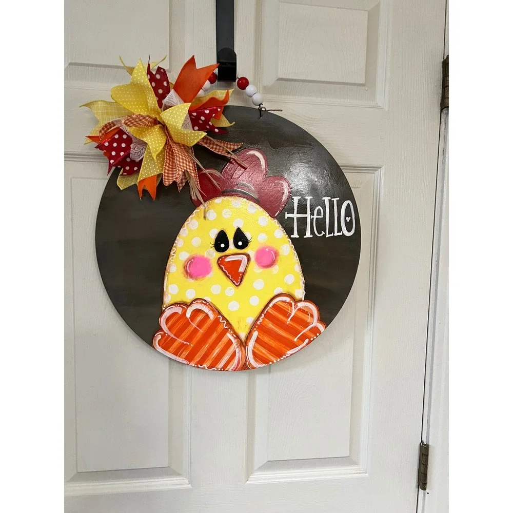 Hand Painted Wooden Chicken Hello Door Hanger Farmhouse Decor Yellow Orange Bow